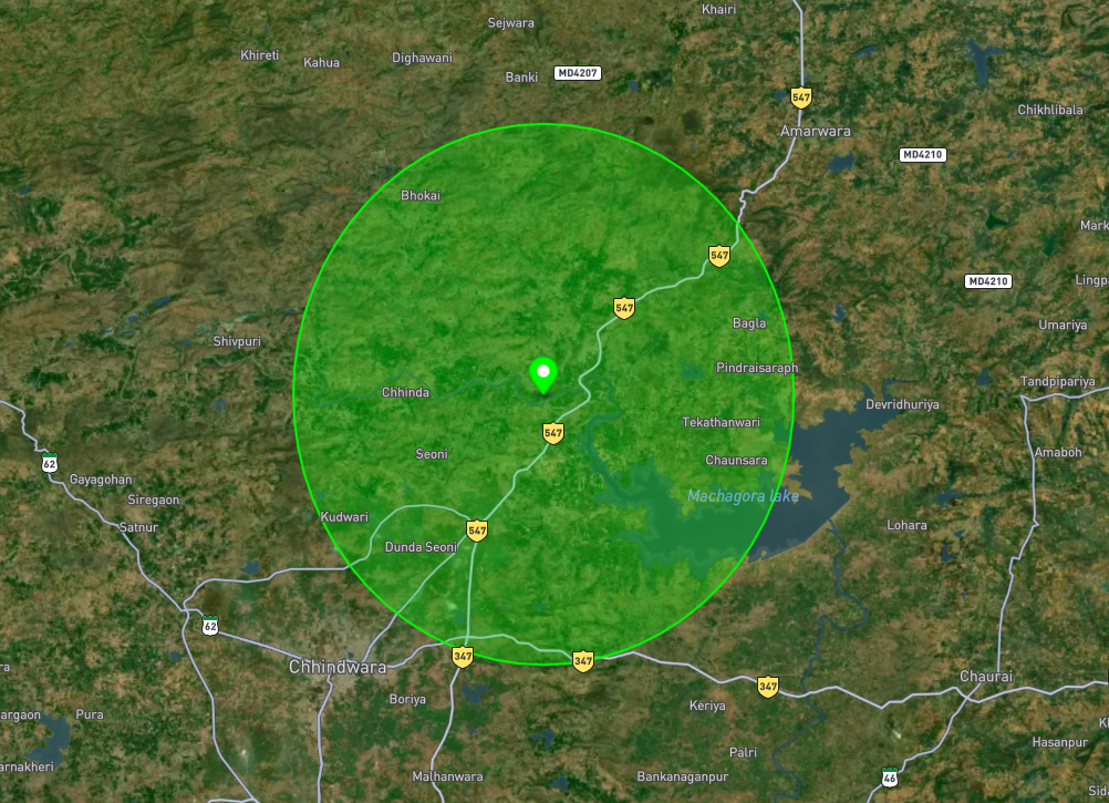 Buffer polygon around site_1 in the India demo area