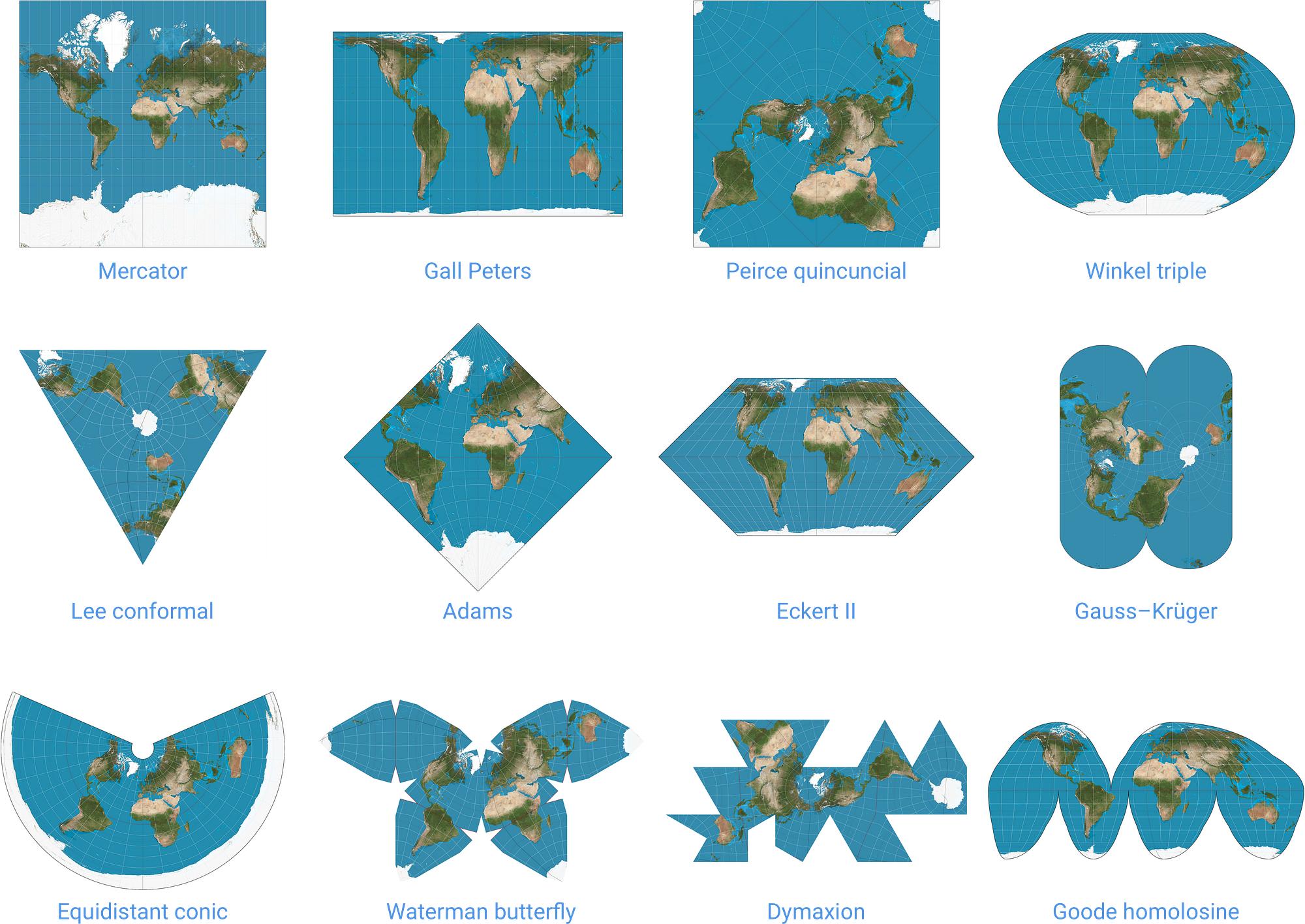 Projected CRS: the curved Earth opened onto flat maps—different projections change shape and distance
